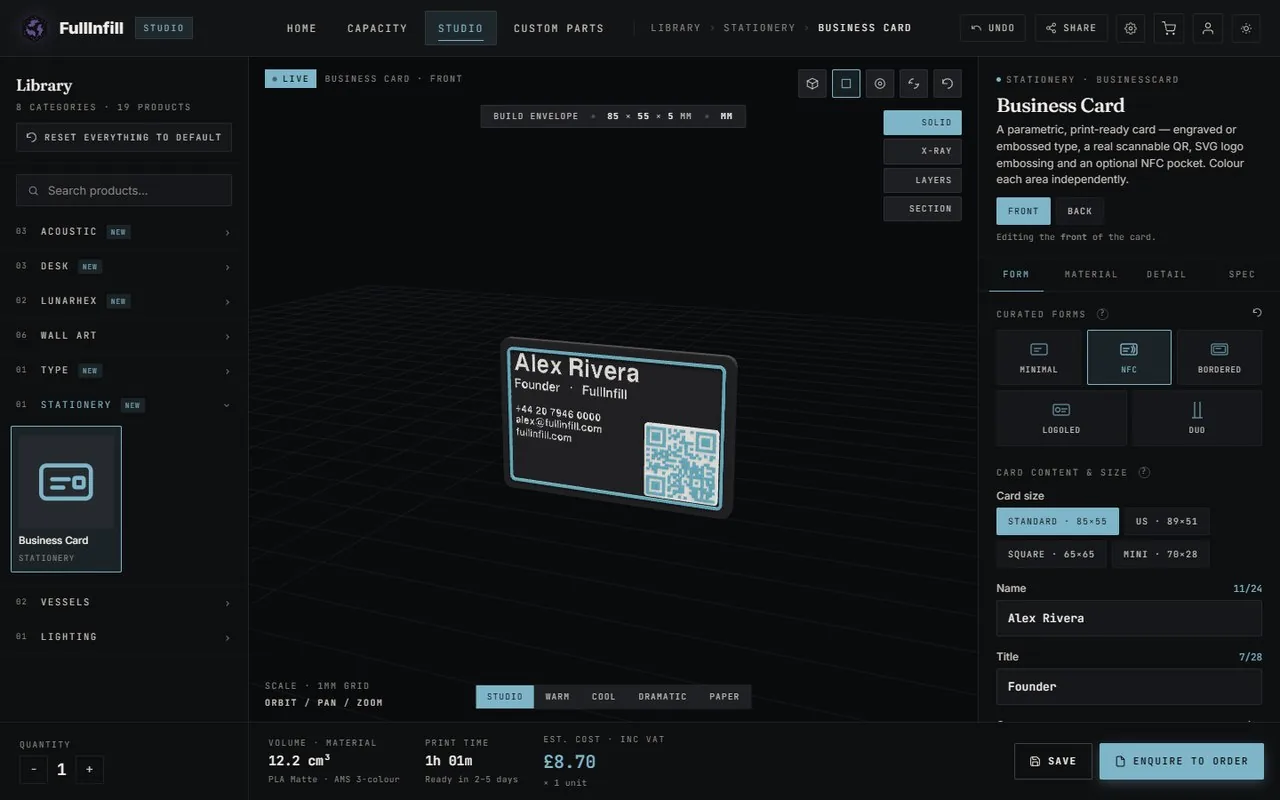 The FullInfill business card studio: a 3D card preview in the centre, product library on the left, form controls on the right, and volume, print time and price along the bottom.