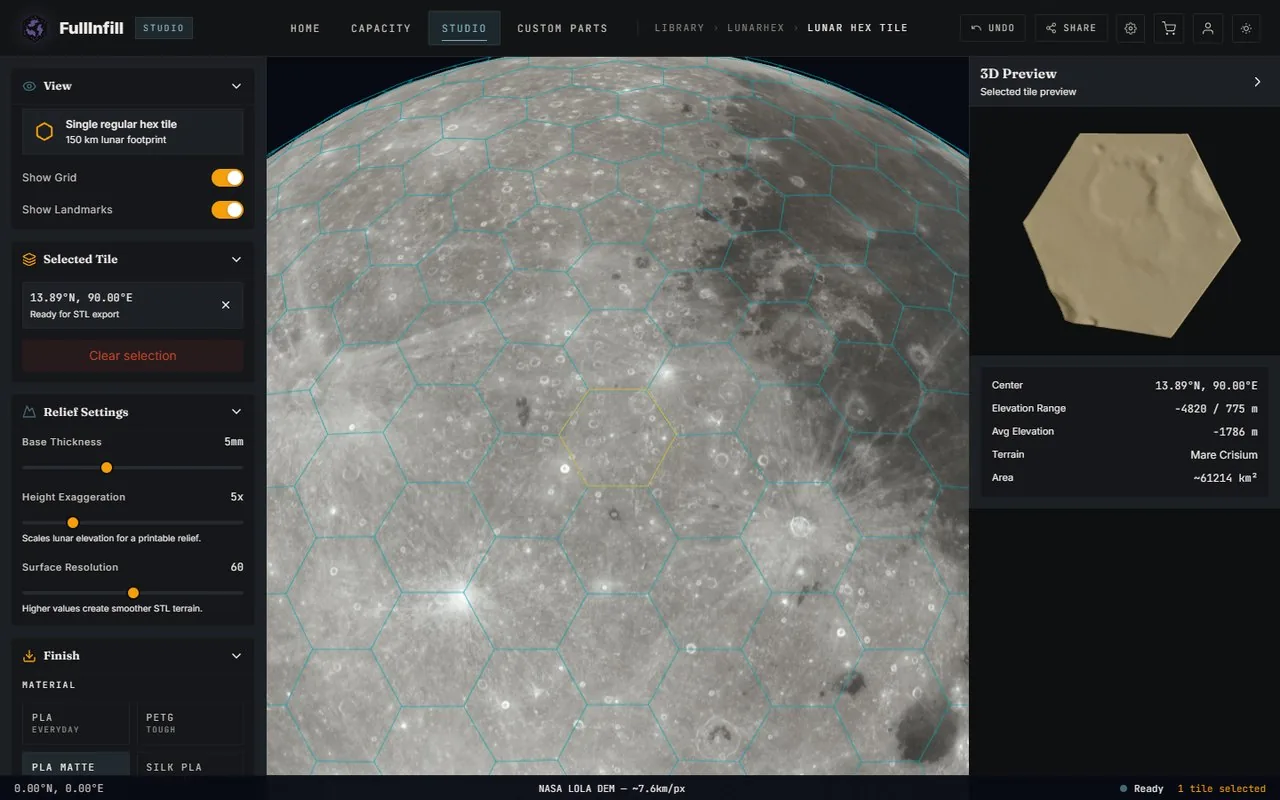 The LunarHex studio: the Moon covered in a hexagonal grid with one tile selected and its 3D relief preview on the right.